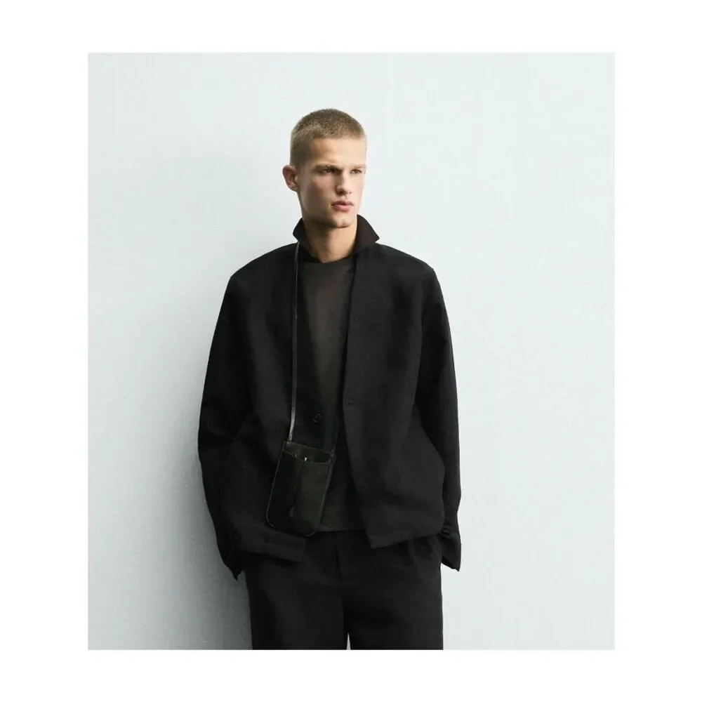 Zara Mens Suit Blazer M Black Relaxed Fit Collarless Jacket linen 5765/237 NWT